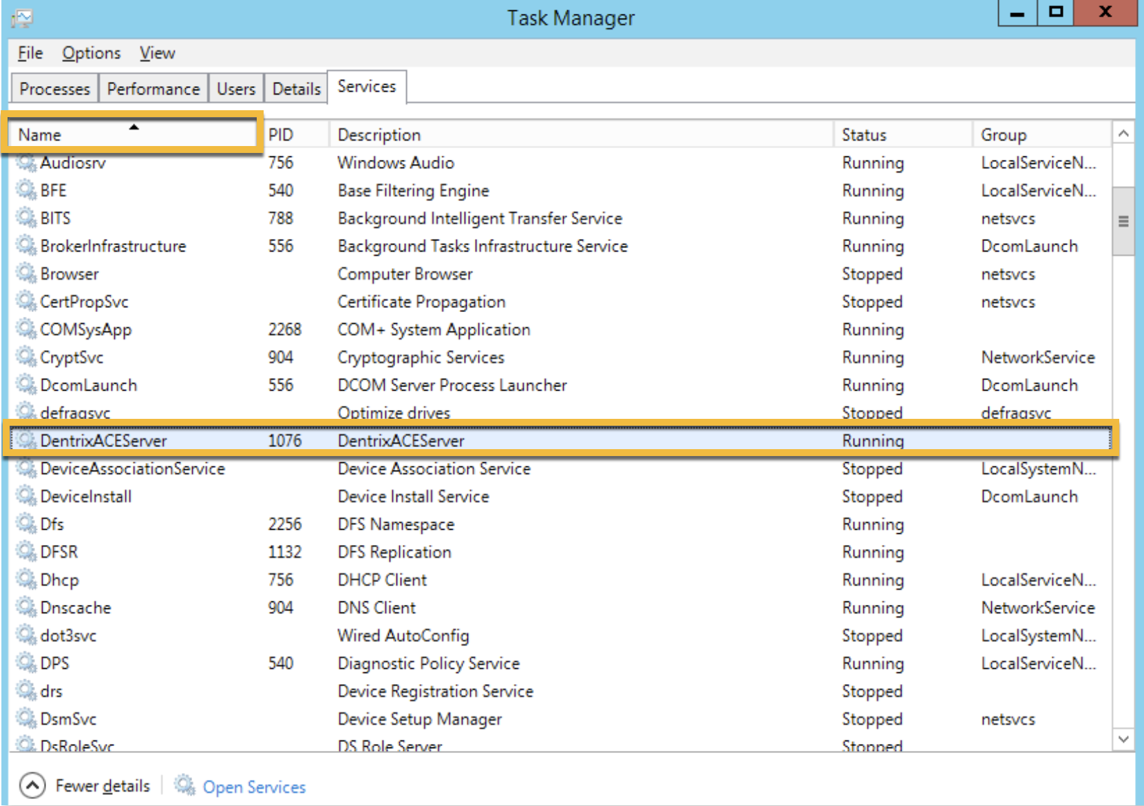 Windows Task Manager window with Name column header and Dentrix ACE Server highlighted.