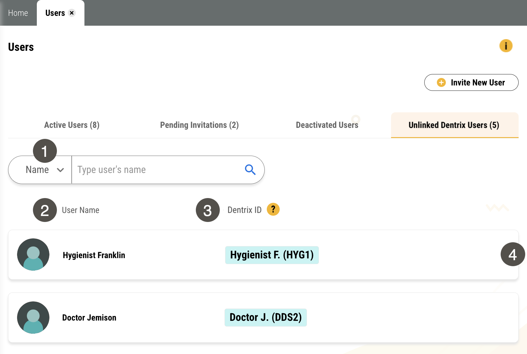 Unlined Dentrix Users tab of the Users page with several items numbered, described in the table to the right.