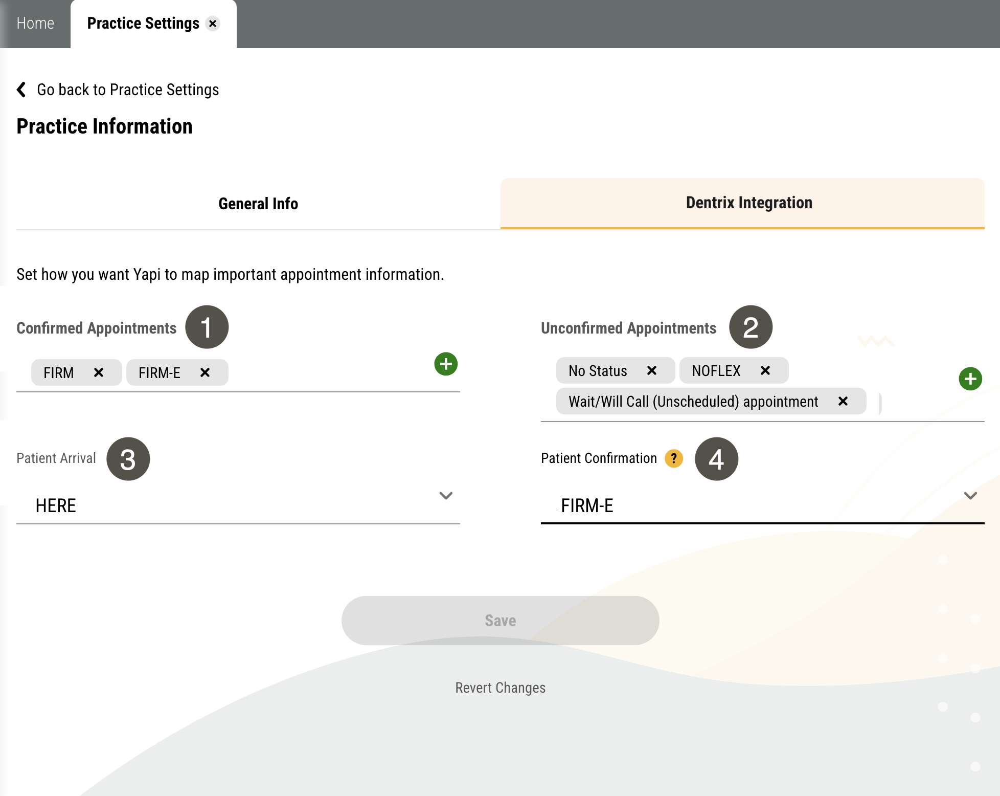 Dentrix Integration tab of the Practice Information page with several items numbered, described in the table below.