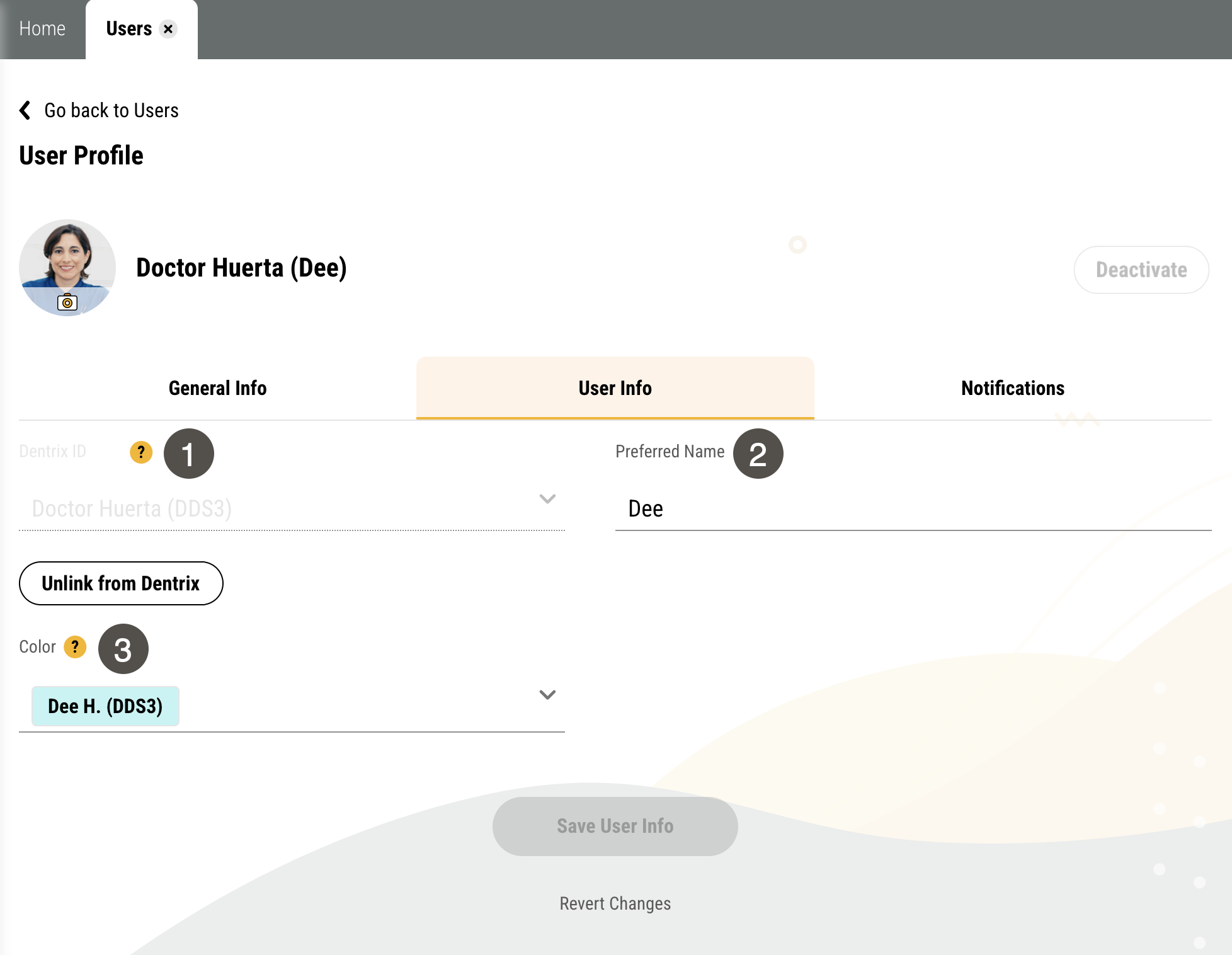 User Info tab on an admin's Profile page with several items numbered, described in the table to the right.