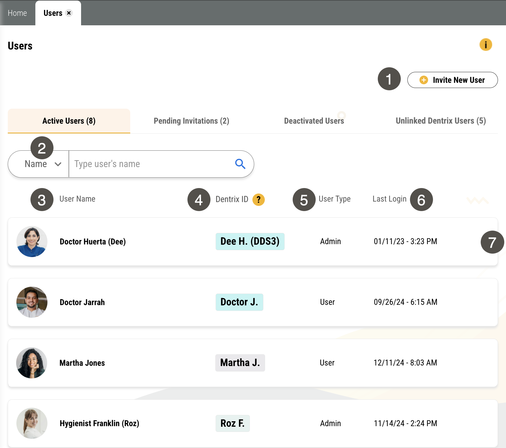 Active Users tab of the Users page with several items numbered, described in the table to the right.