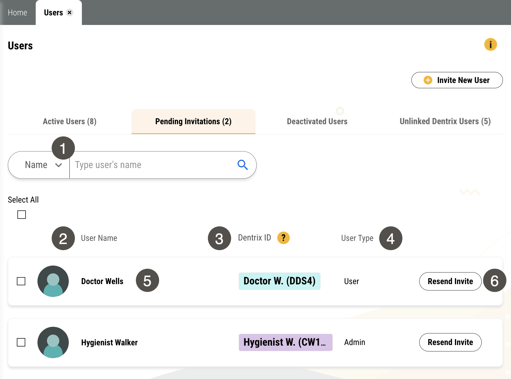 Pending Invitations tab of the Users page with several items numbered, described in the table to the right.