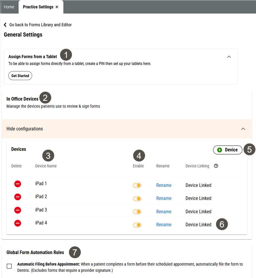 Forms General Settings page with several items labelled, described in the table to the right.