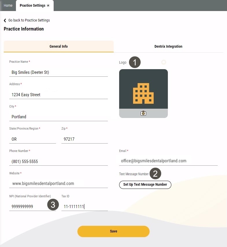 General Info tab of the Practice information page with several items labelled, described in the table to the right.