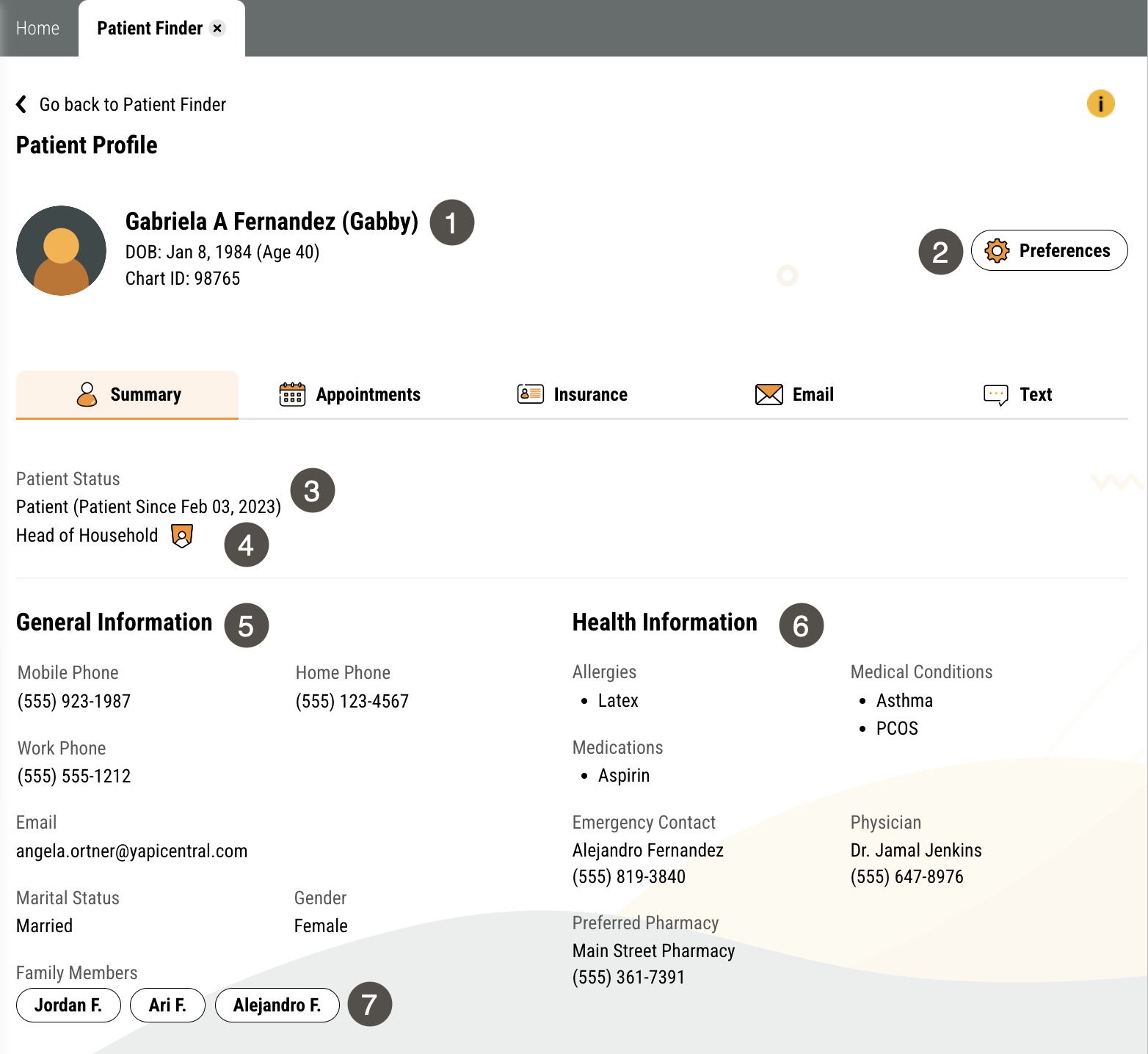 Patient Profile page showing Summary tab with several items numbered, described in the table to the right.