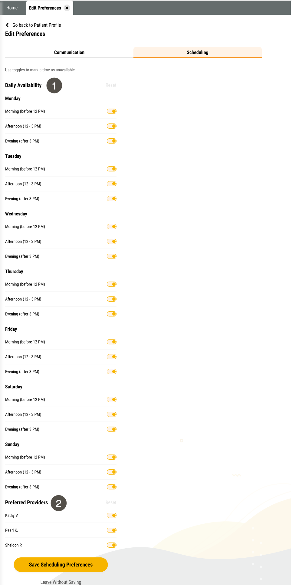Scheduling tab of a patient's Edit Preferences page with two items labelled, described in the table to the right.