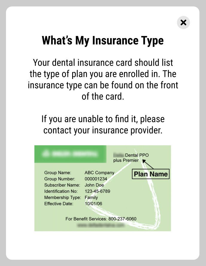 Prompt describing where to find the insurance type on an insurance card, including a picture of a card with the plan name pointed out.