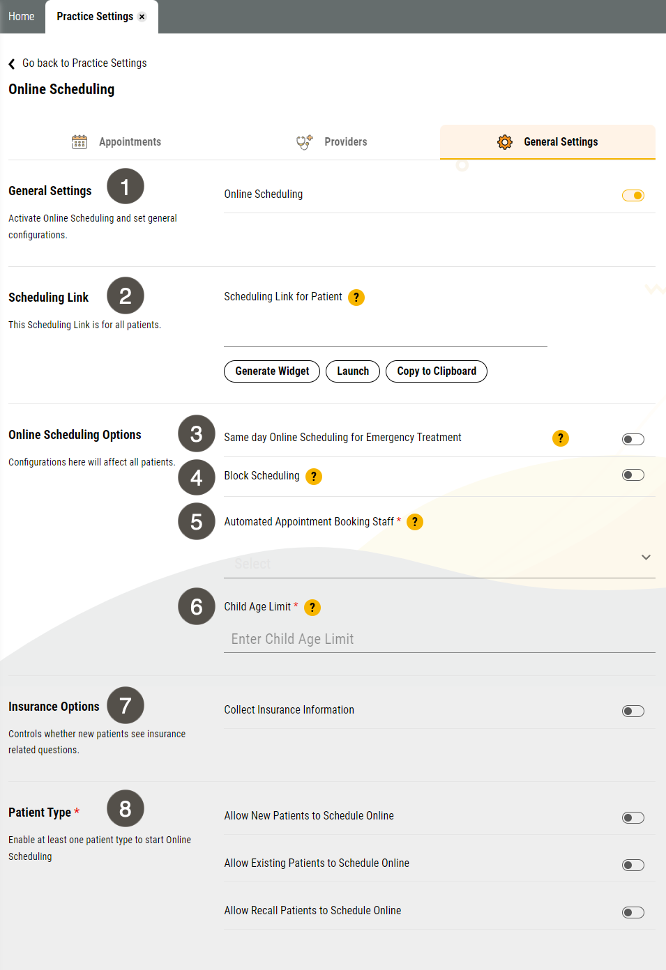 Leap Online Scheduling page with General Settings tab selected and several items numbered, described in the table to the right.