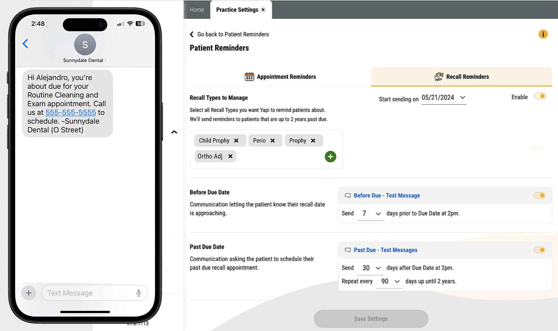 An image with the Leap Recall Reminders Settings screen and a cell phone next to it showing an example of a text a patient receives when they are due for a recall appointment.