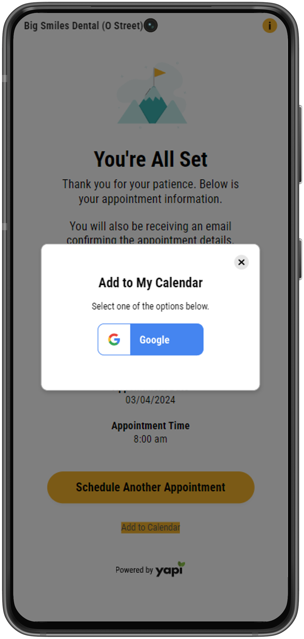 Phone showing option to add appointment to patient's Google calendar.