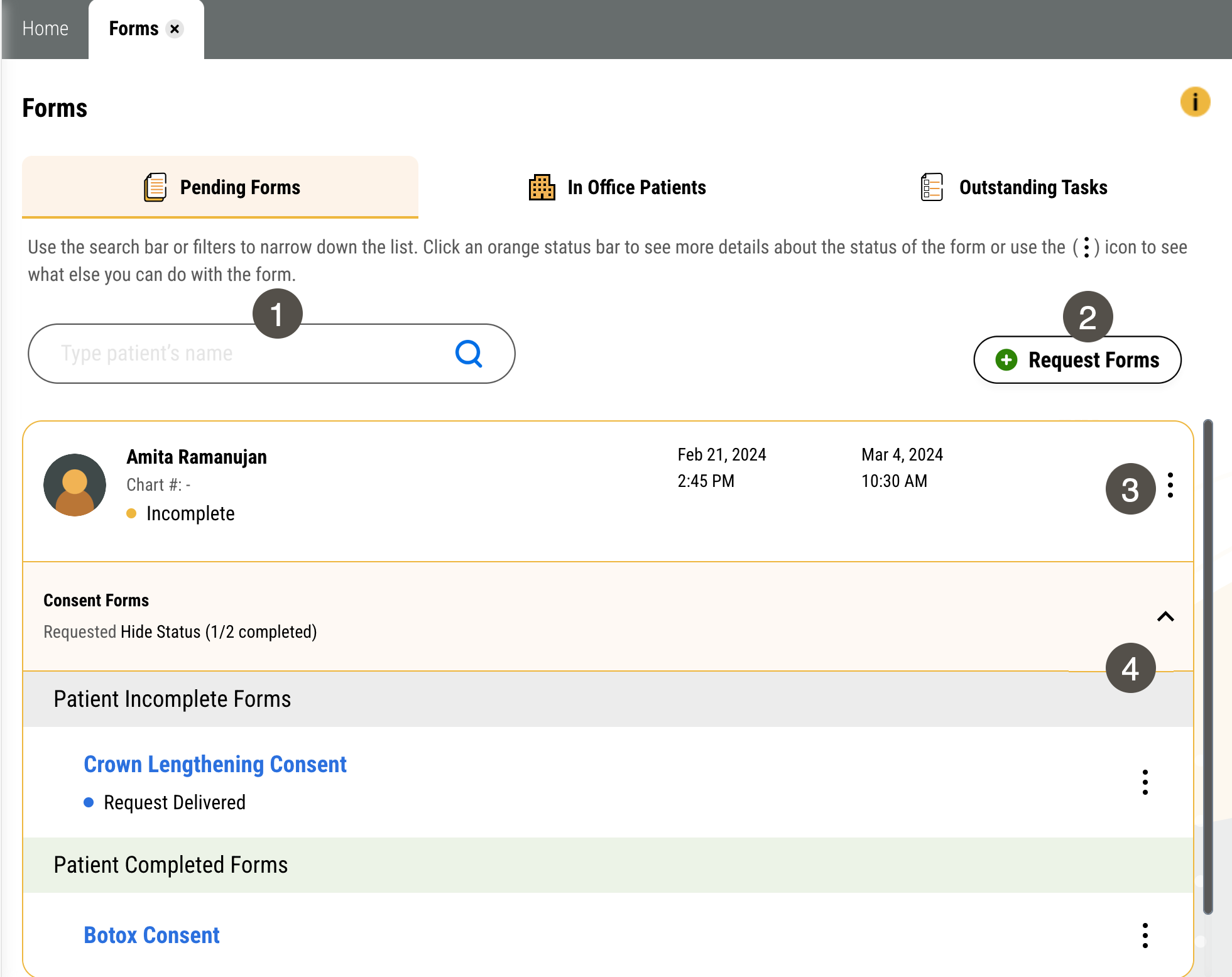 Pending Forms tab of Forms page with several items numbered, described in the table to the right.