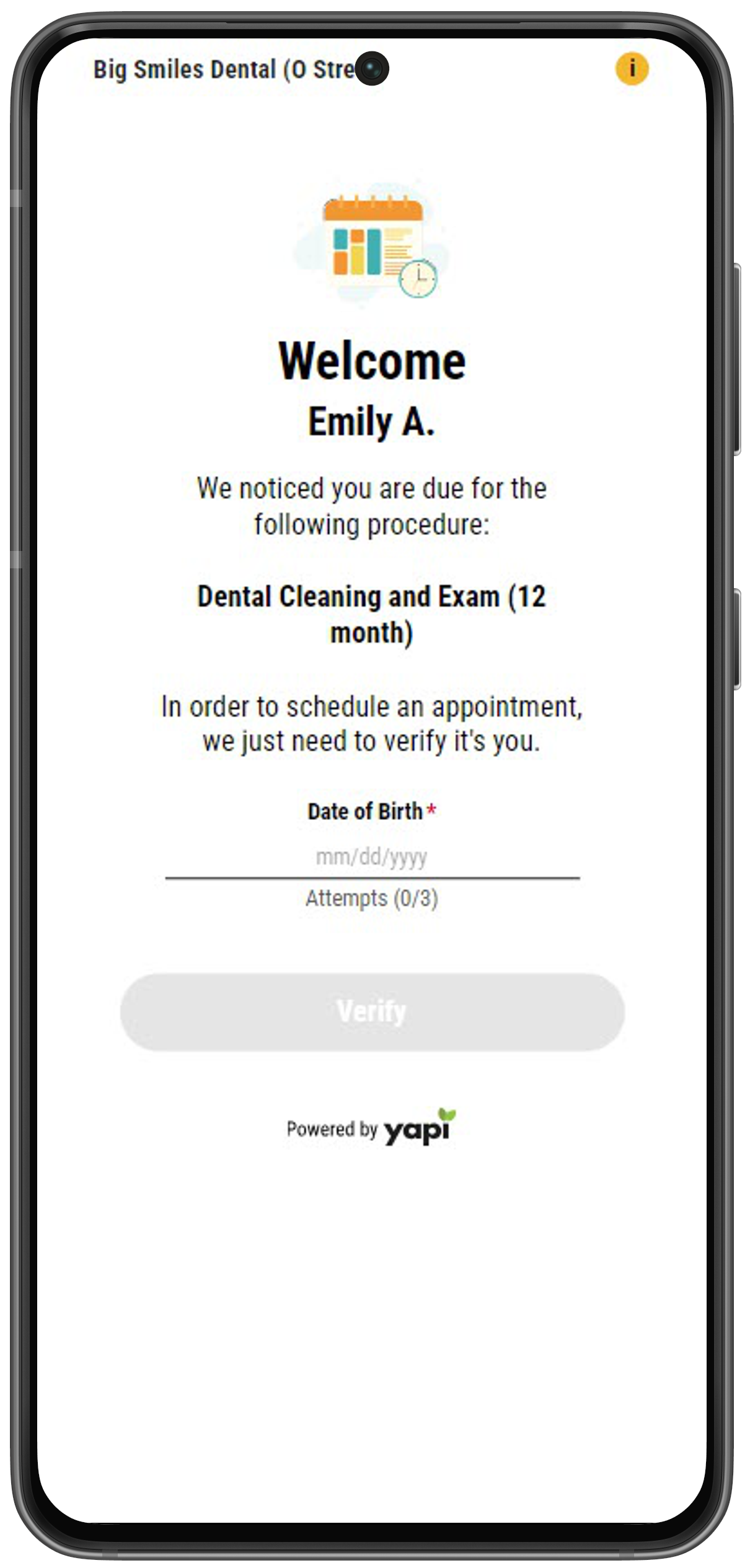 Phone showing the treatment the patient is due for, a field for the patient to enter their date of birth, and a button that reads "Verify".