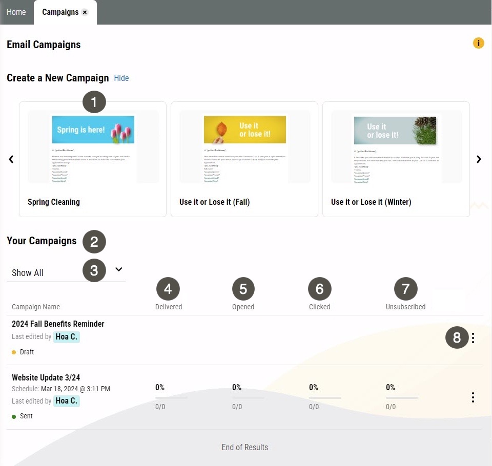 Email Campaigns page with several items labelled, described in the table to the right.