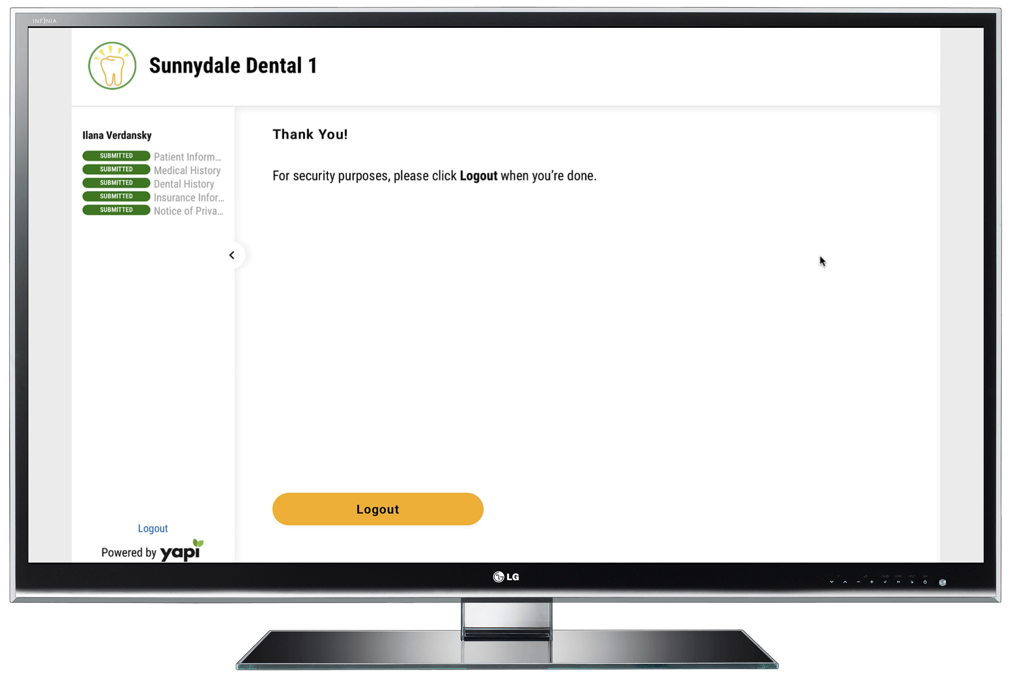 Computer monitor showing list of forms a patient has complete with a indicator next to each that reads "Submitted", a thank you message, and a Logout button.