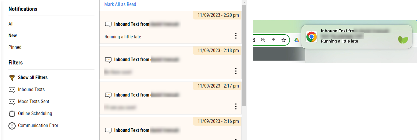 Notifications screen showing several inbound texts along with a separate image of Google Chrome text notification showing the most recent inbound text.
