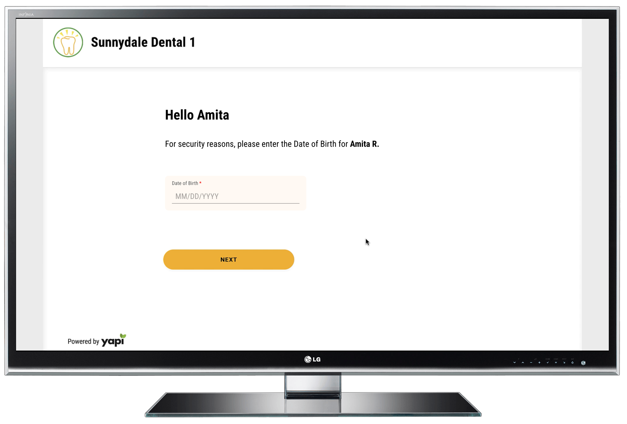 Computer monitor showing a welcome message, instructions, fields for a patient to enter their date of birth and zip code, and a Next button.