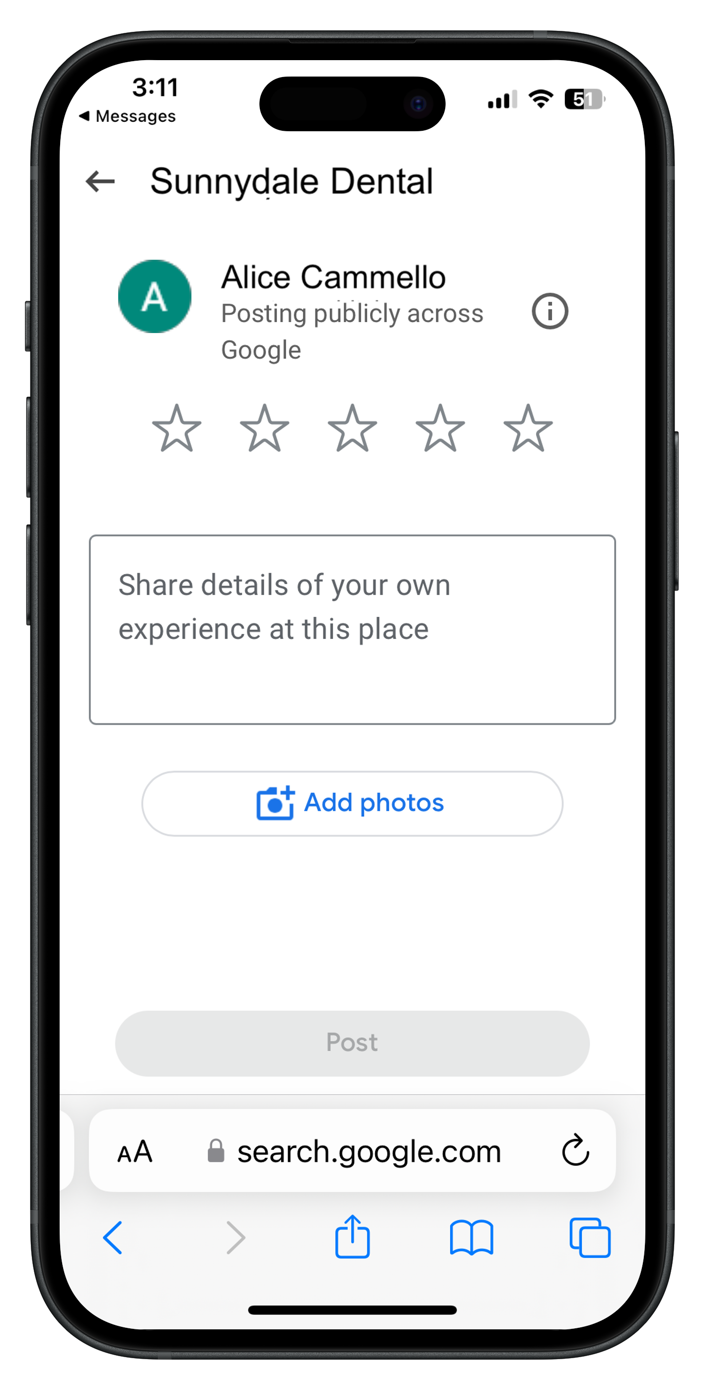 Phone showing Google review site for Sunnydale Dental with 5 selectable stars, a text box reading "Share details of your own experience at this place," an Add Photos button and a Post button.