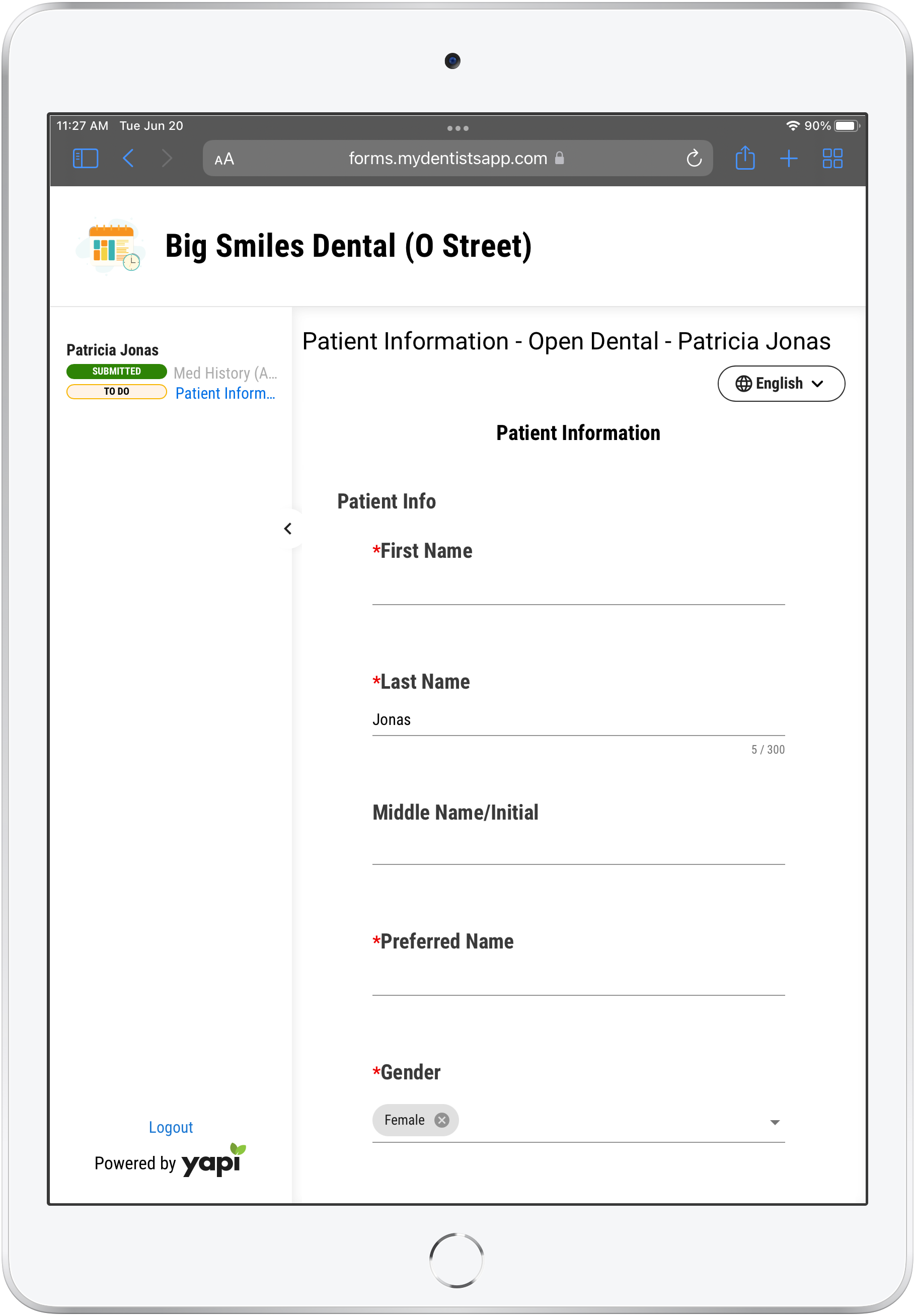 iPad showing a partially completed form. On the left, there's a list of forms with indicators reading "Submitted" and "To Do".