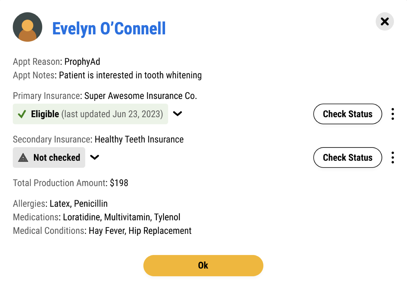 A Leap patient card that was opened from the homepage. It shows the patient's information, insurance eligibility and the date their insurance was last verified.