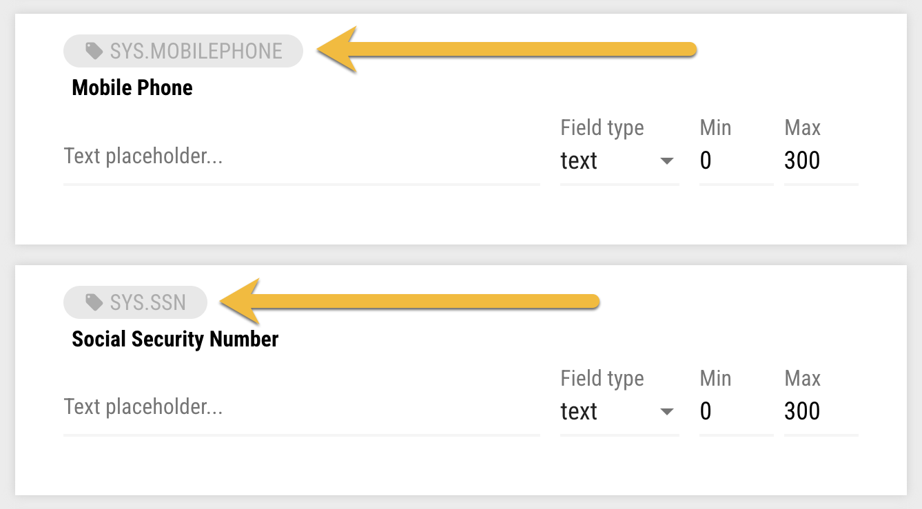 2 text box questions in the form editor: Mobile Phone with an arrow pointing to the sys.mobilephone tag on it and Social Security Number with an arrow pointing to the sys.ssn tag.