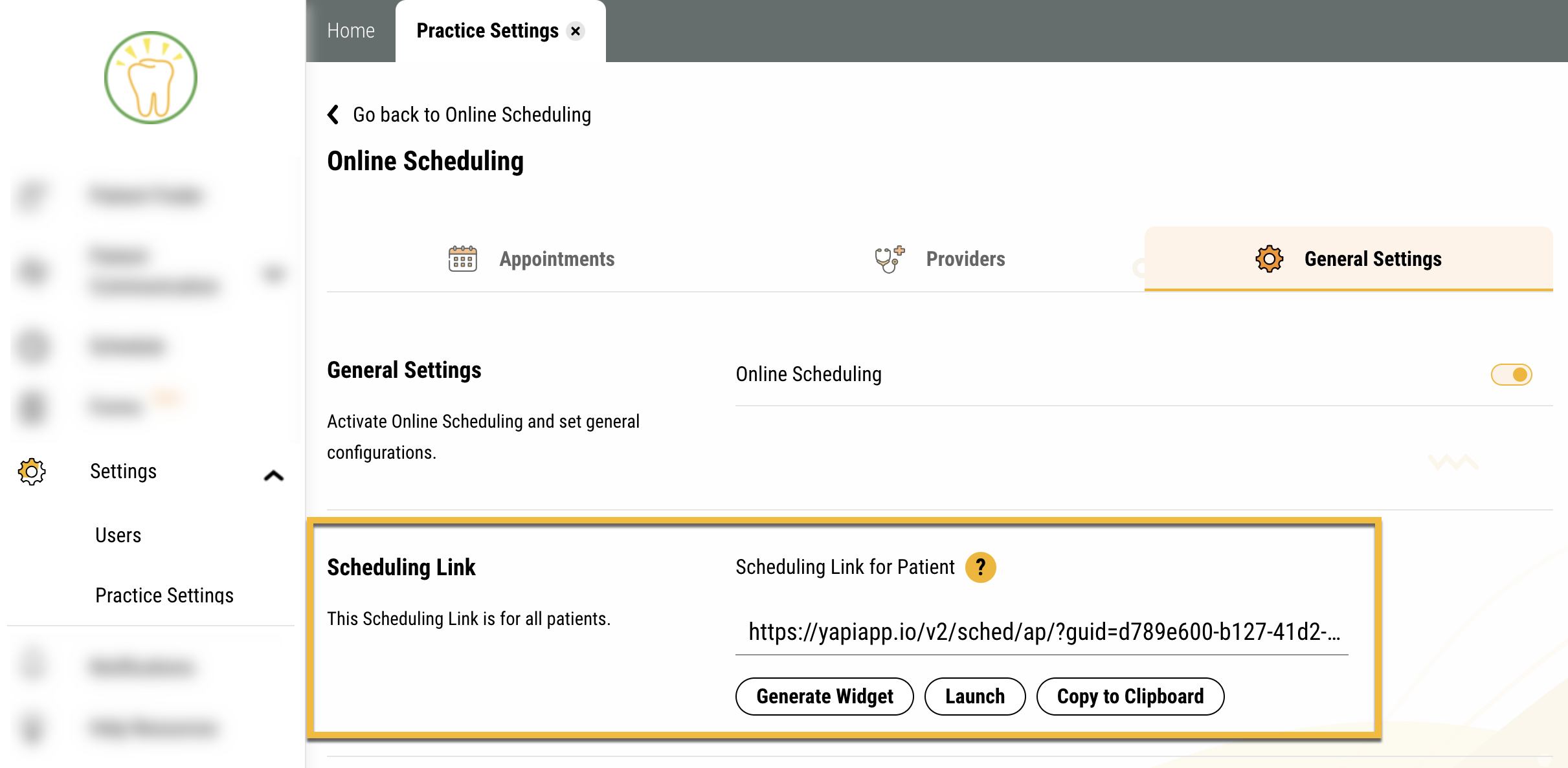 Online Scheduling screen with the Scheduling link section highlighted.