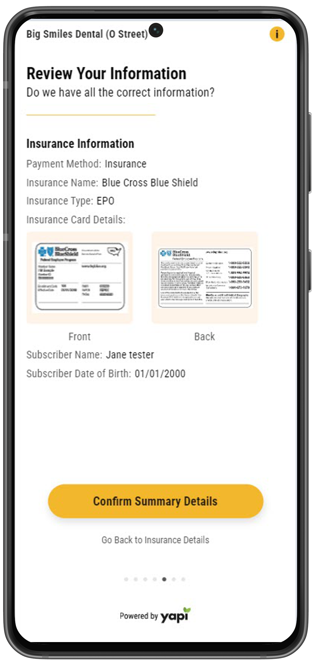 Phone showing patient insurance information and uploaded card images with button that reads "Confirm Summary Details".