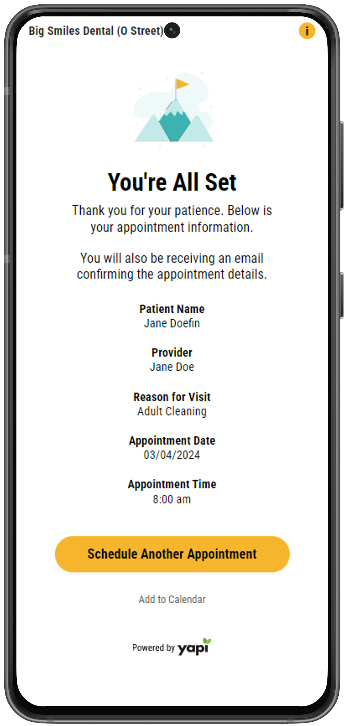 Phone showing information about the appointment a patient just booked.
