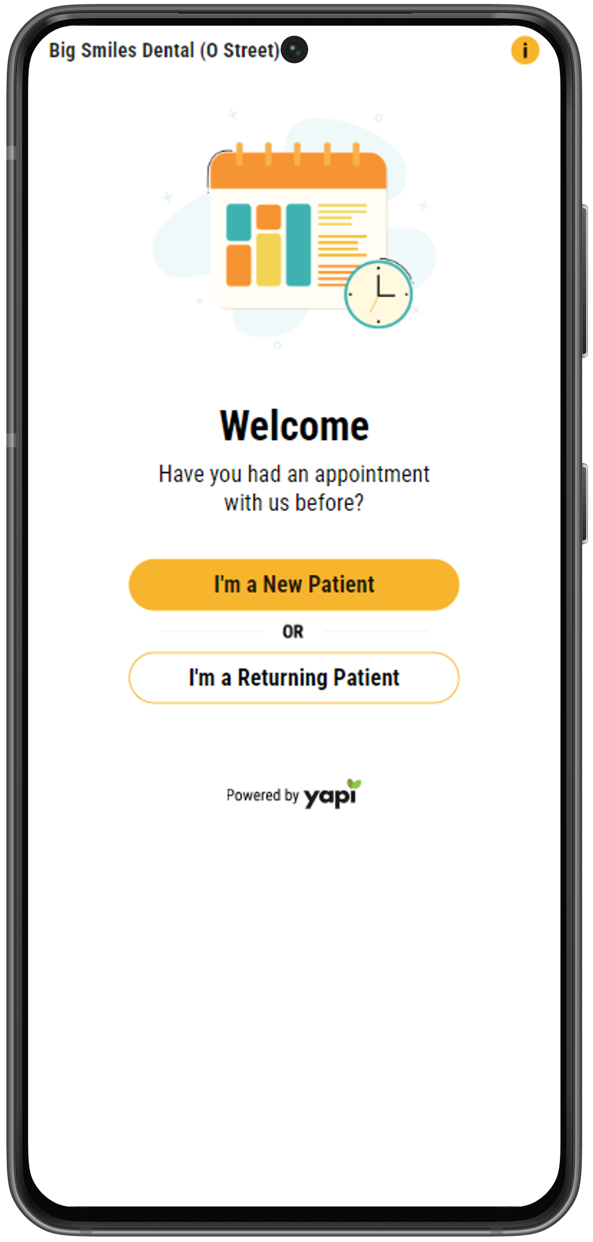 Phone showing welcome screen with two buttons that read "I'm a New Patient" and "I'm a Returning Patient".