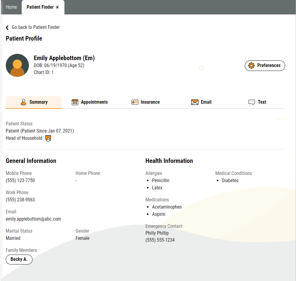 Patient Profile page with 5 tabs: Summary, Appointments, Insurance, Email, and Text. The Summary tab shows patient date of birth plus contact and health info.