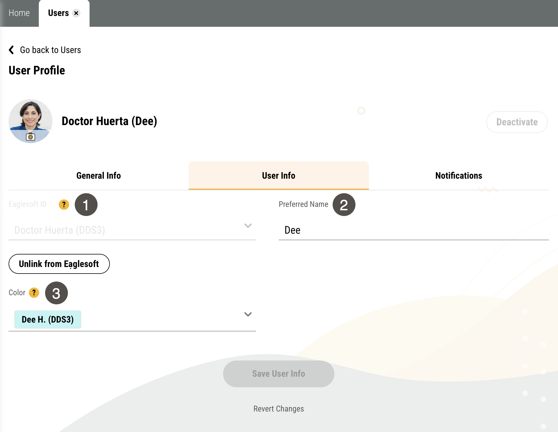 User Info tab on an admin's Profile page with several items numbered, described in the table to the right.
