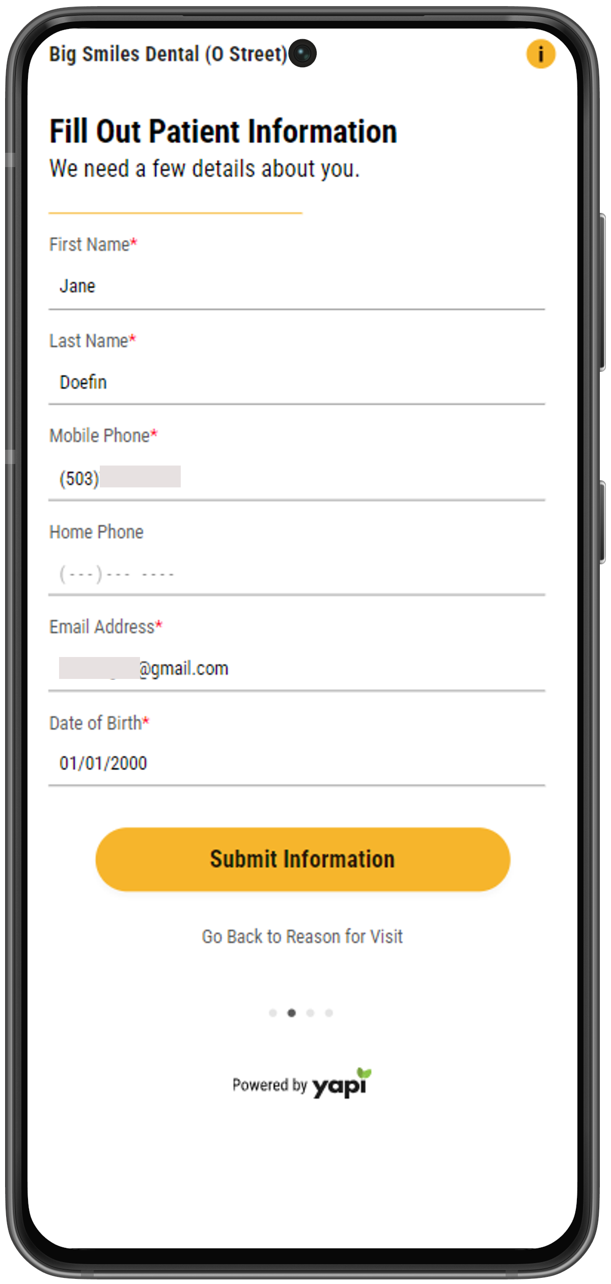 Phone showing spaces for patient to provide basic information like name, date of birth, email, and phone number.