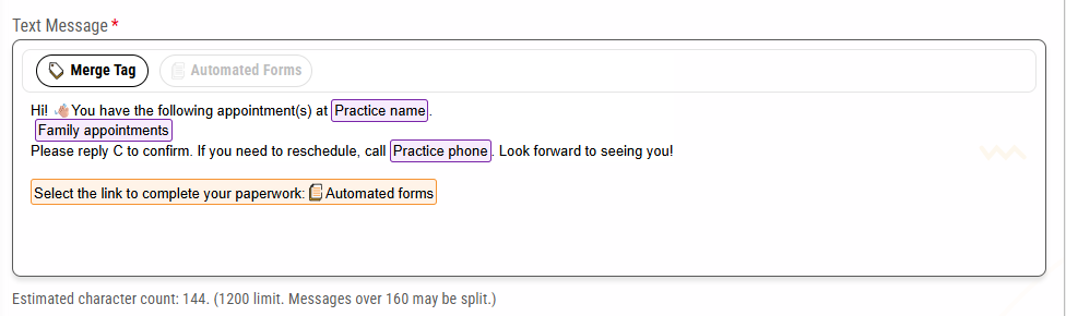 Confirmation text template with the family appointments merge tag used.