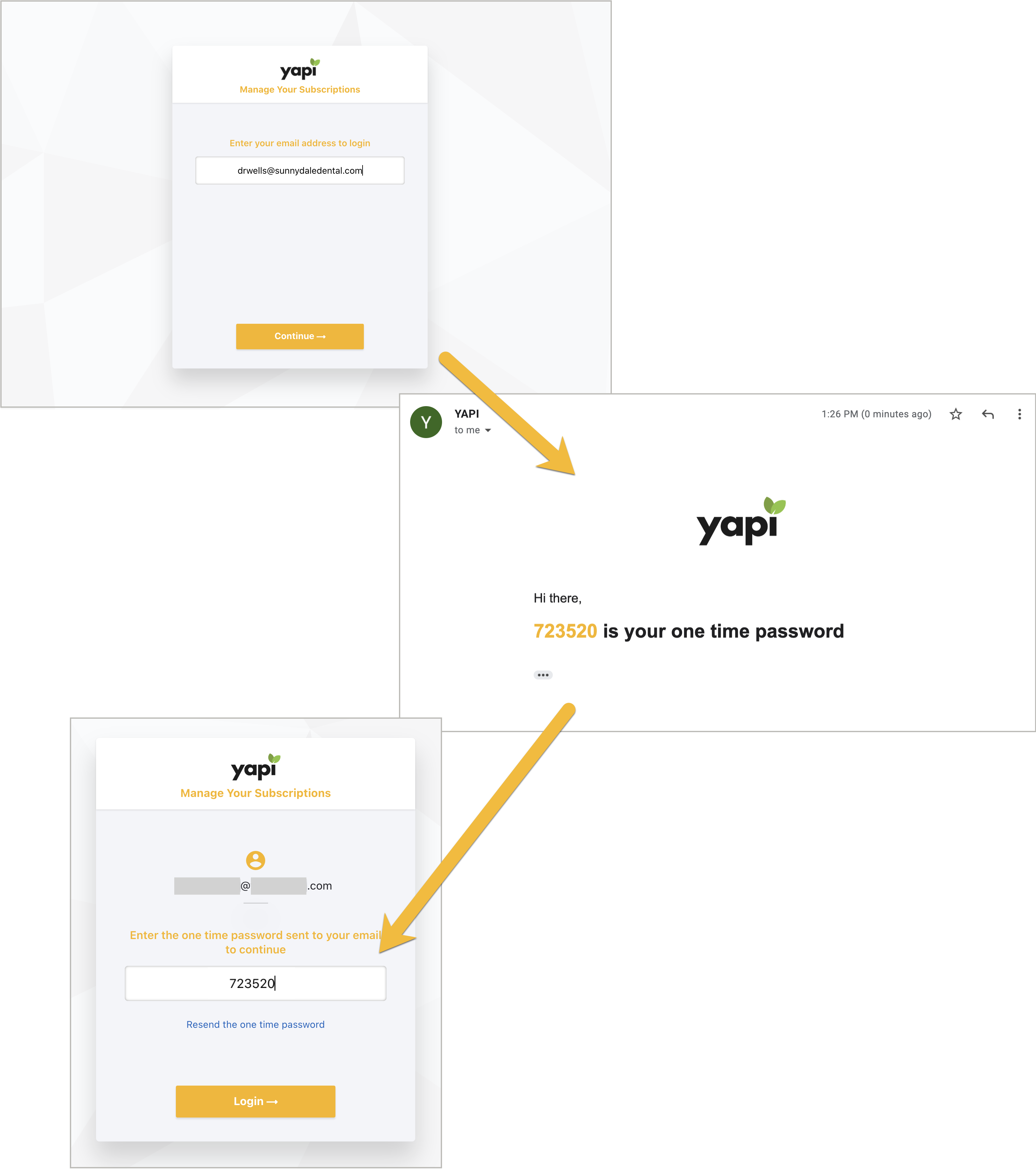 3 images with arrows in between showing the steps of logging in, described below.