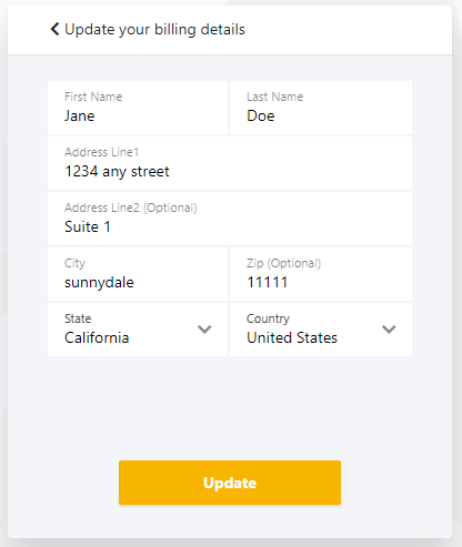 Billing Details window showing fields for the account holder's name and address along with an Update button.