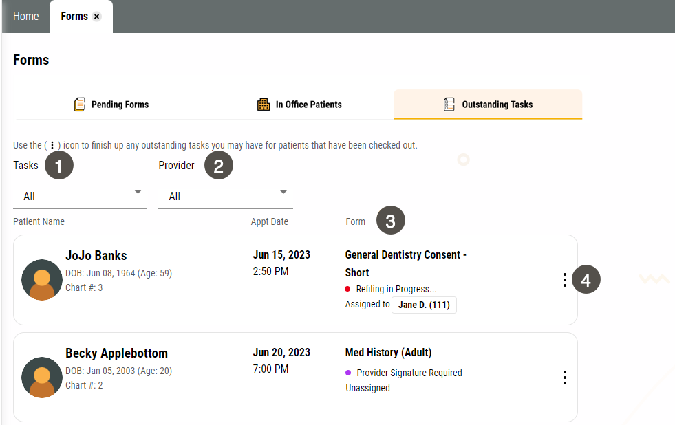 Forms page showing Outstanding Tasks tab with several items numbered, described in the table.