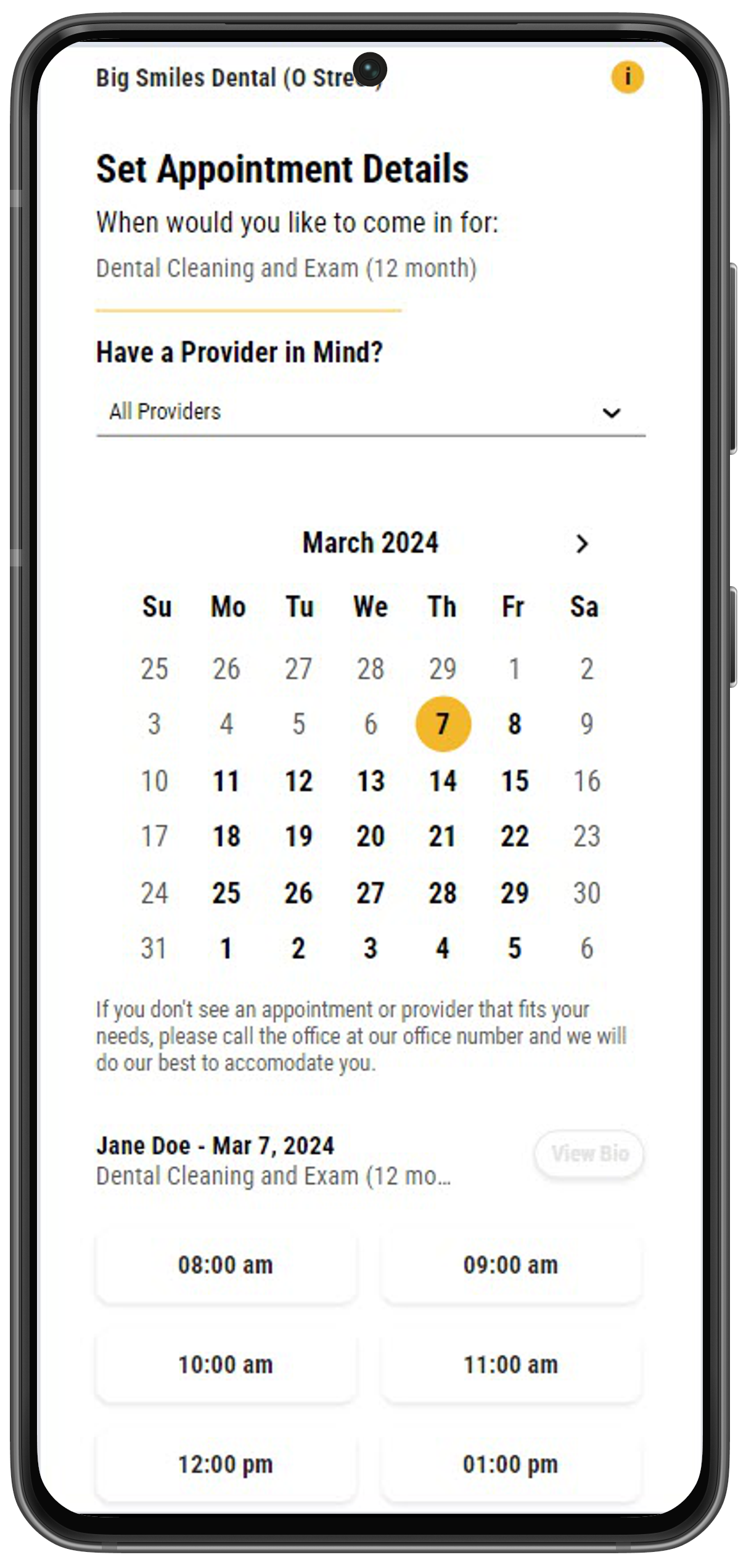 Phone showing Set Appointment Details page with a calendar and list of available appointment slots.