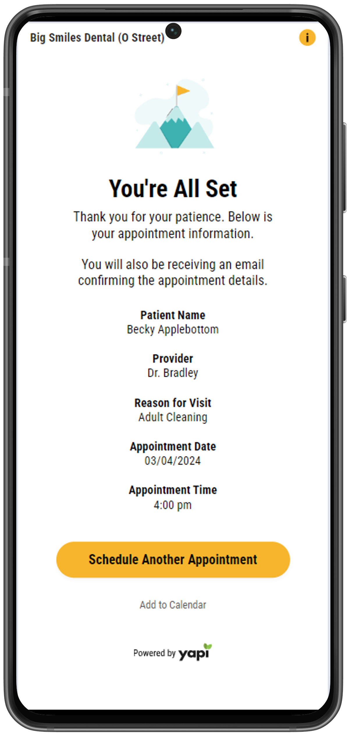 Phone showing information about the appointment a patient just booked.