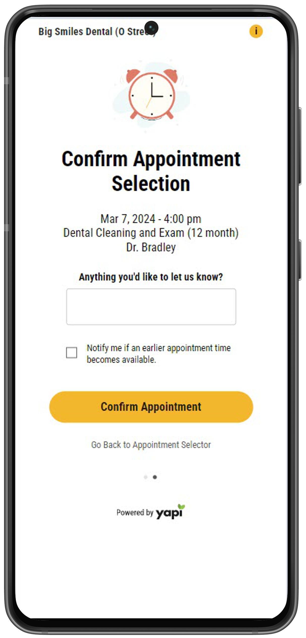 Phone showing the appointment a patient selected, a box to add notes in, and selectable checkboxes for notifying the patient of an earlier appointment and agreeing to the terms & conditions.