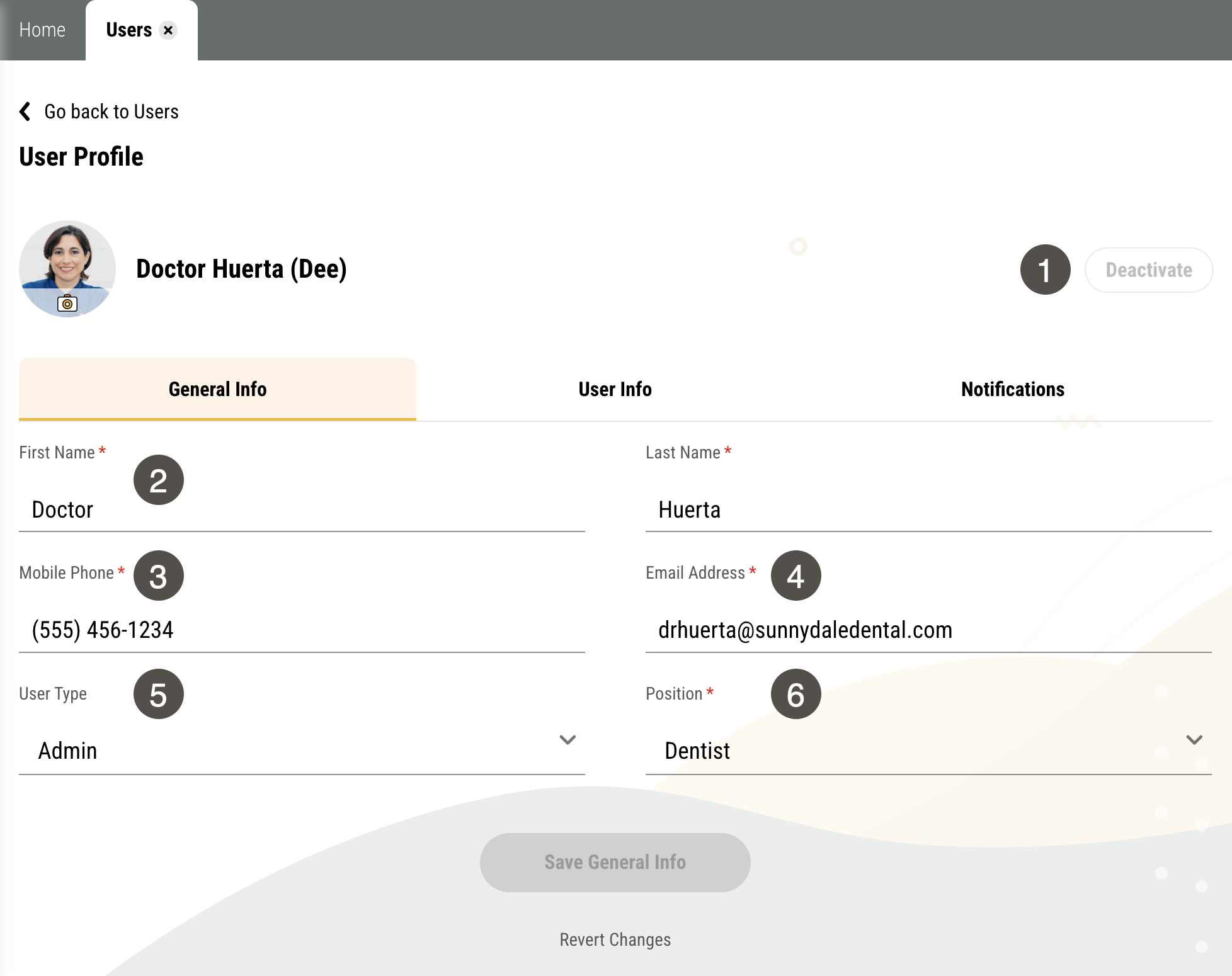 General Info tab on a user's Profile page with several items numbered, described in the table to the right.