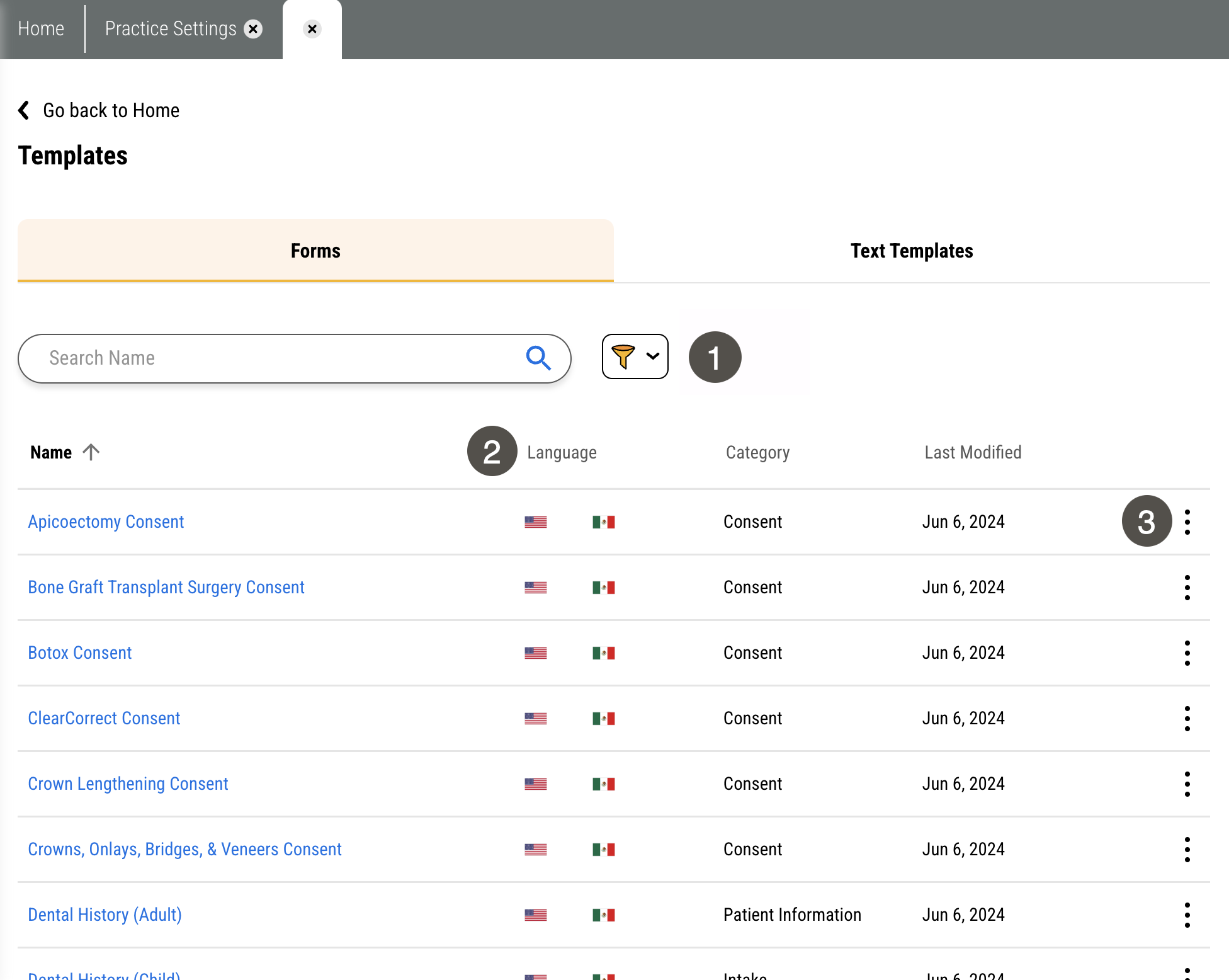 Forms tab of the Templates page with several items labelled, described in the table to the right.