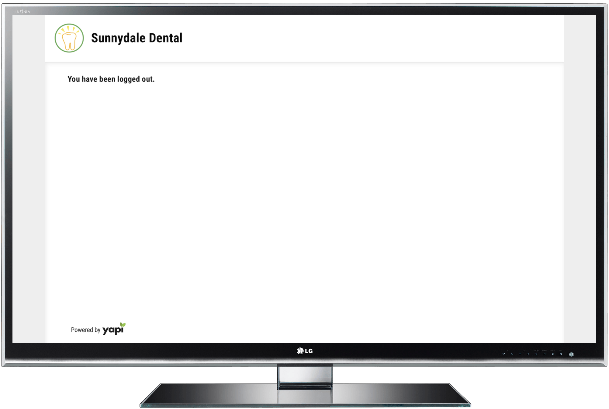 Computer monitor showing a dental practice name and the message "You have been logged out".