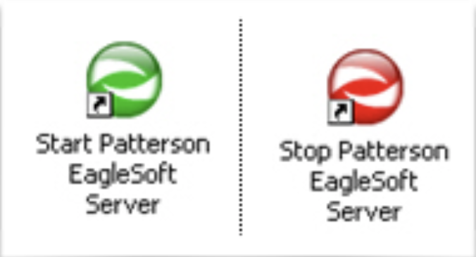Two desktop icons: one green circle and one red circle. Green reads "Start Patterson EagleSoft Server" and red reads Stop Patterson EagleSoft Server".