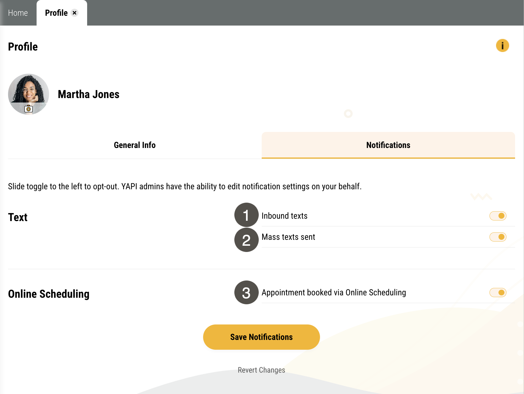 Notifications tab on a user’s Profile page with several items numbered, described in the table to the right.
