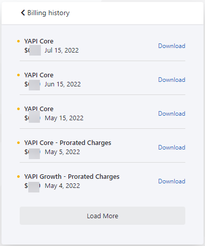 Billing History window showing five past Yapi payments including the practice's Yapi plan, amount paid, links to download, and a Load More button.