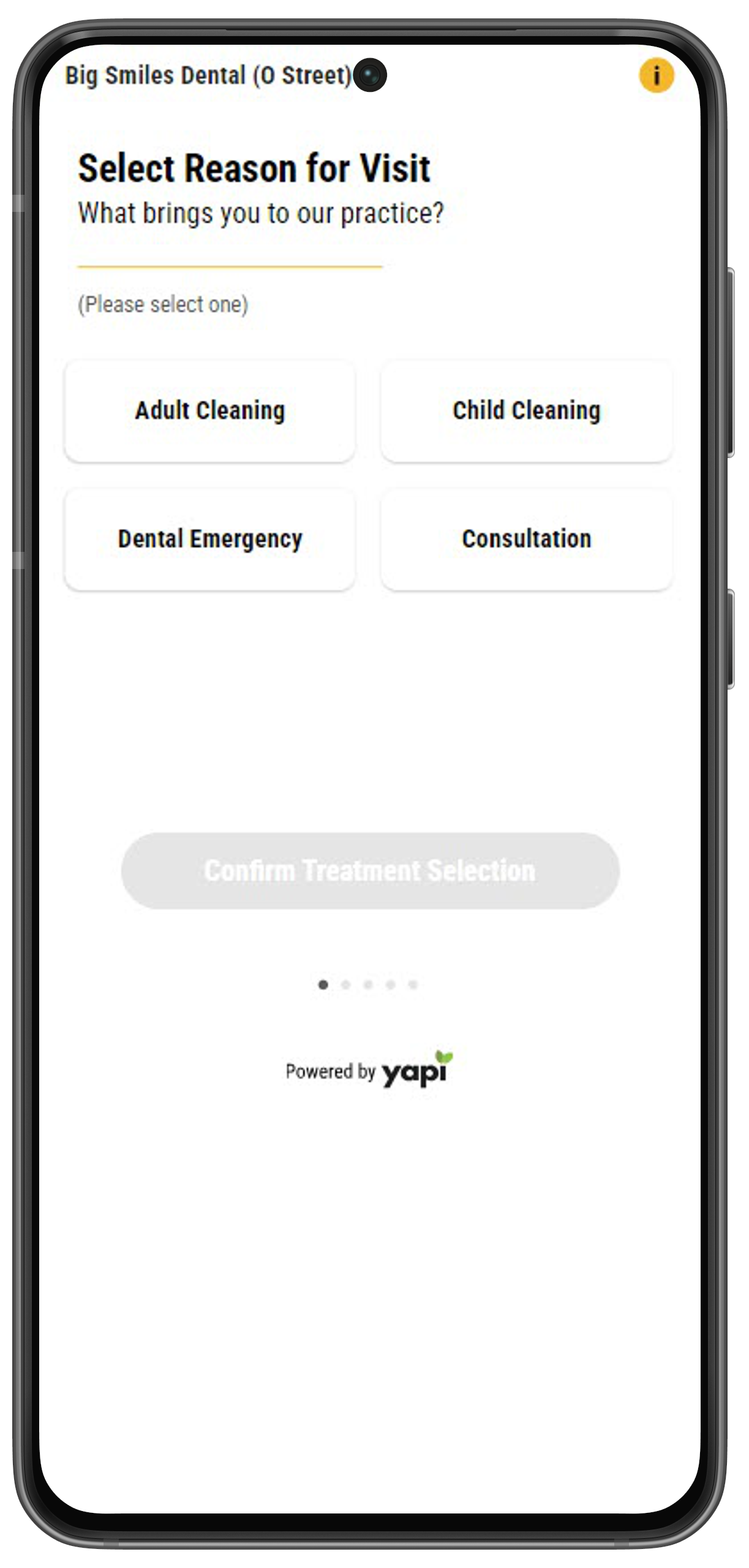 Select reason for visit screen.