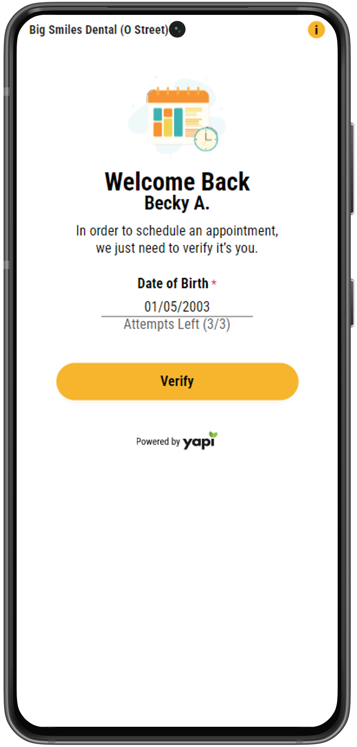Phone showing a "Welcome back" message with a field for the patient to enter their date of birth and a button that reads "Verify".