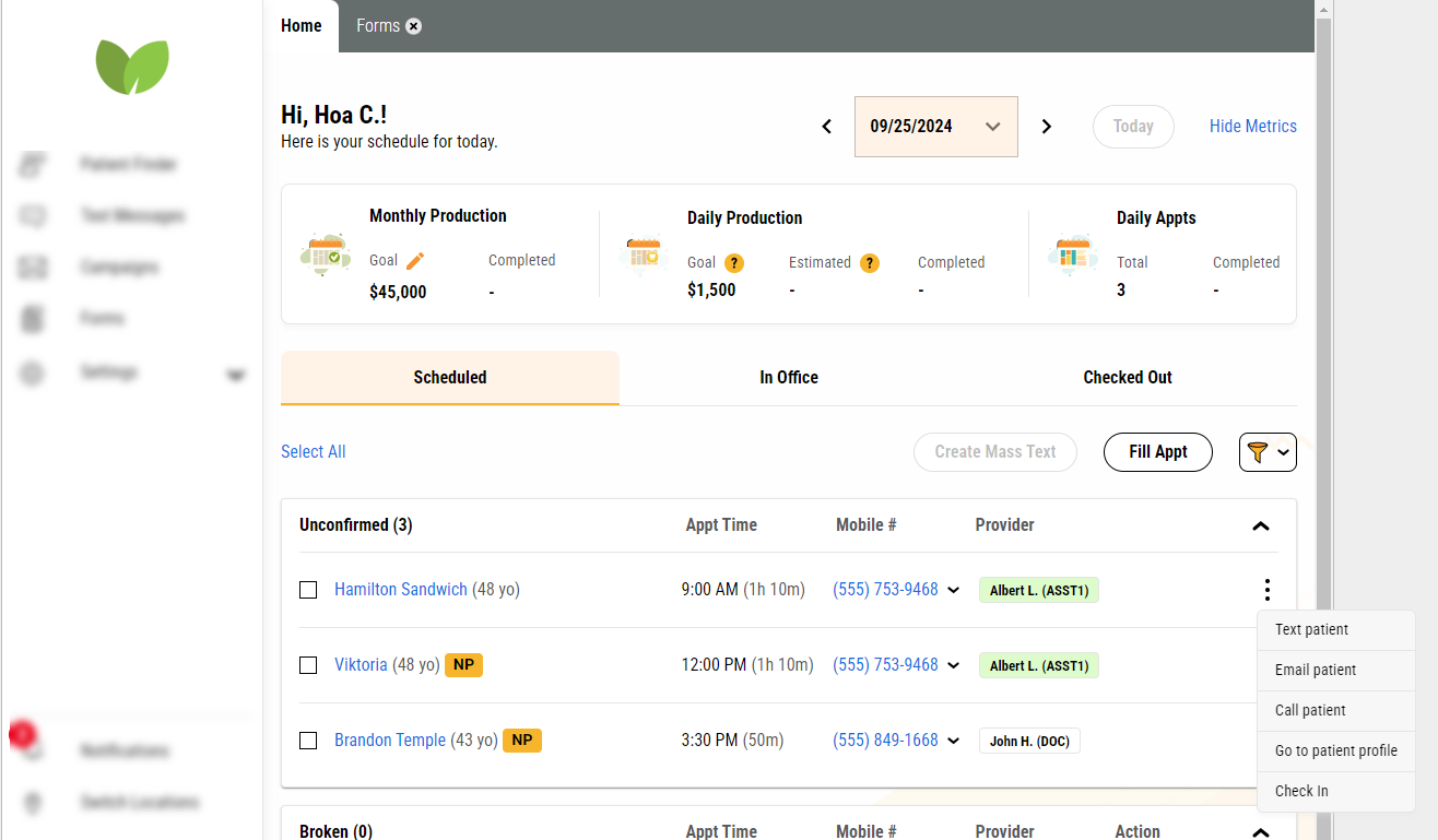 The Leap homepage with a kebab selected that shows what options a user has to communicate with the patient.
