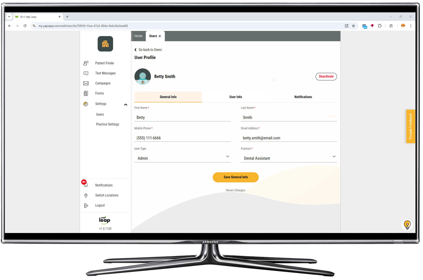 A user's profile page open with the General Info tab selected and the user's contact information displayed.