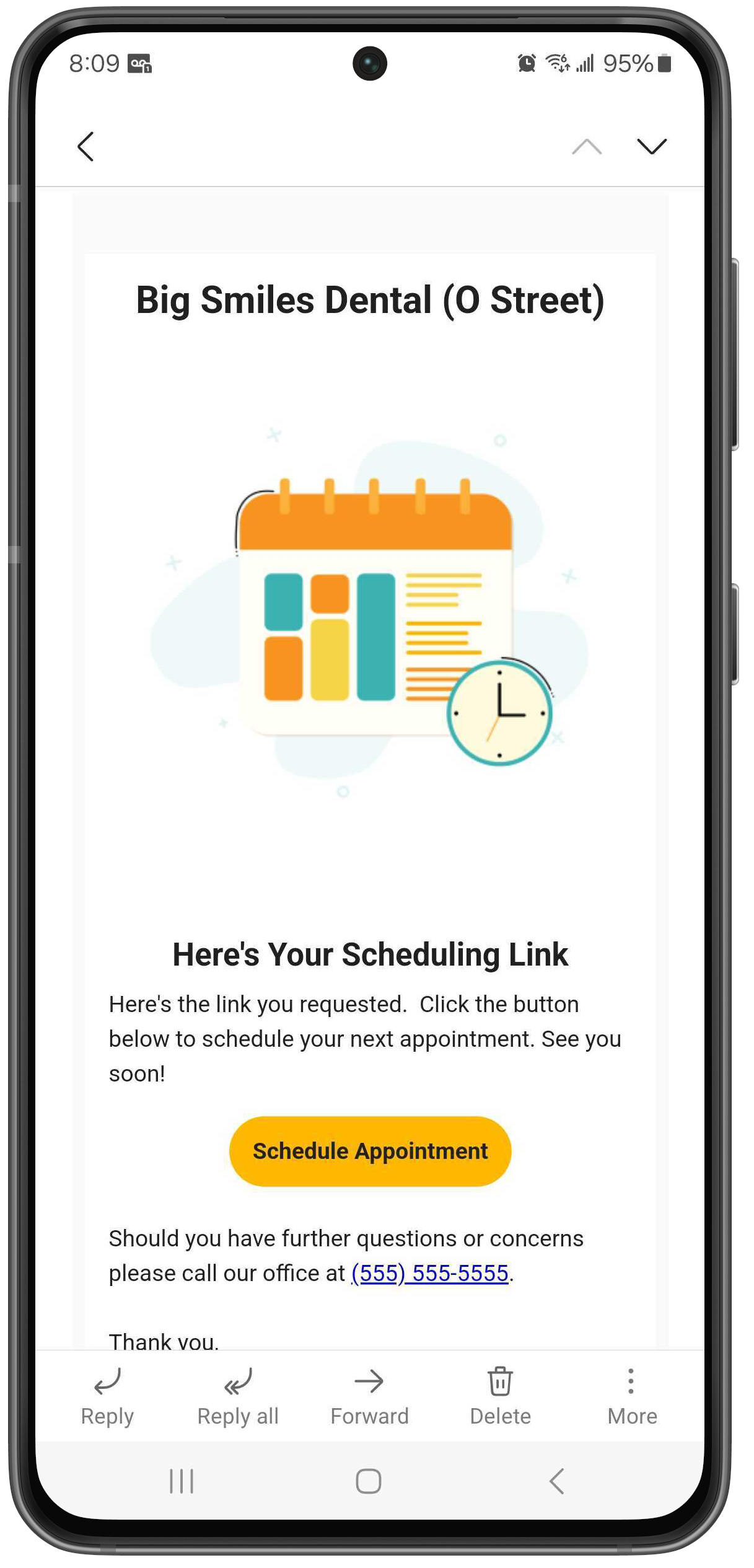 Phone showing email that includes a link for the patient to schedule an appointment.