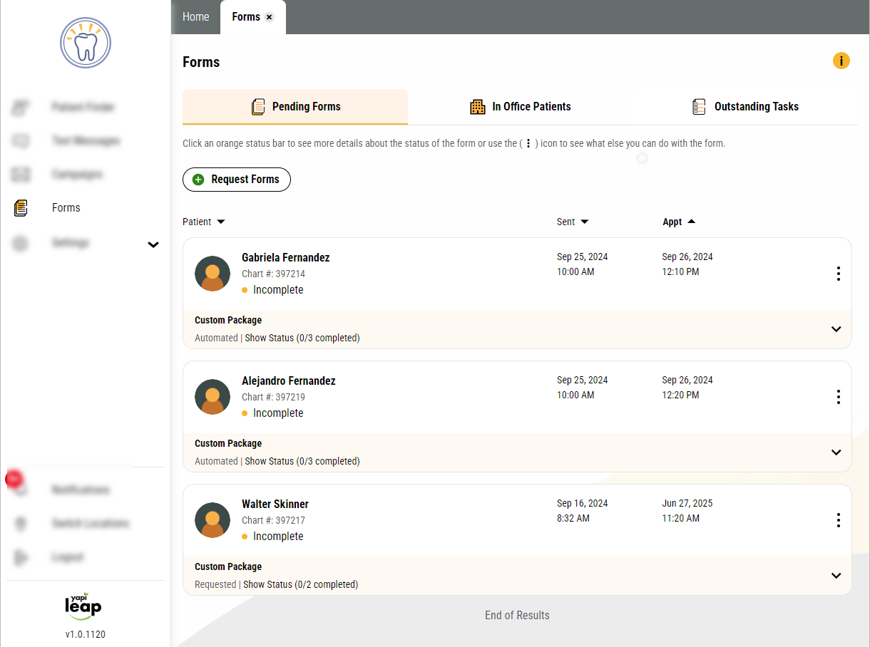 Forms page with the Pending Forms tab selected, and three patients listed along with their assigned forms.